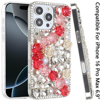 Phone Case for Apple iPhone 16 Pro Max Rose Flower Full Diamond Bling Rhinestone Glitter Luxury Stylish Sparkle Protective Designer Hybrid Cover Red