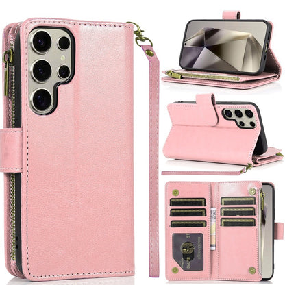 For Samsung Galaxy S25 Ultra Leather Wallet Case with Zipper, 9 Card Slots, Cash Pocket, Stand & Strap, Clutch Pouch Design Case Cover Rose Gold