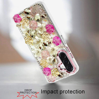 For Samsung Galaxy A37 3D Diamond Floral Roses Flower Bling Stone Hybrid, Sparkly Rhinestone Gemstone Back Shockproof Case Cover