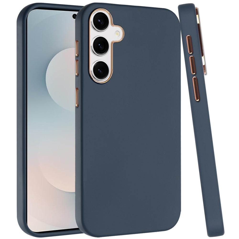 For Samsung Galaxy S25 FE /S25 Fan Edition Slim Classic Hybrid Around Rubber Gummy Gel Slick Hard PC Silicone TPU Chromed Button Case Cover Black