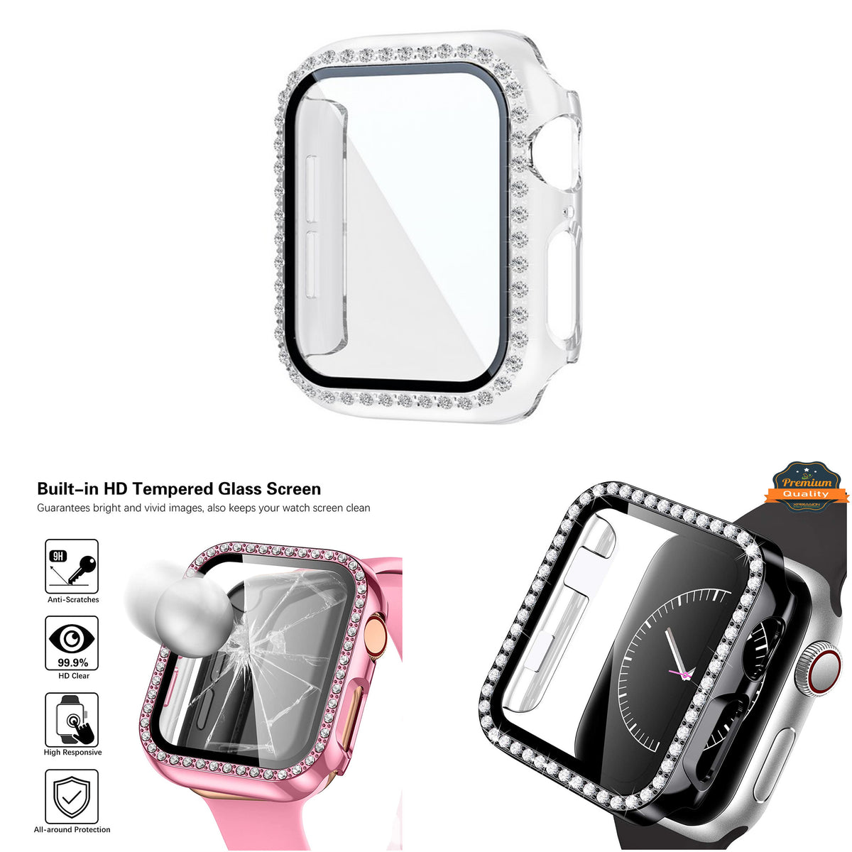 For Apple Watch Size 42mm Luxury Bling Cover Diamond Electroplate Rhinestone Bumper Protective Frame with Tempered Glass Screen Protector Case Cover