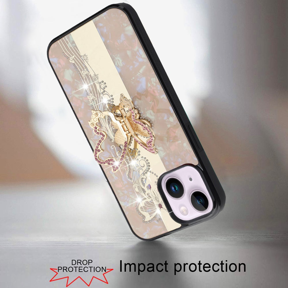 Phone Case for Apple iPhone 14/ iPhone 13 Diamond Glitter Butterfly Engraved Ring Stand Luxury Bling Hybrid Shockproof Chrome Edge Protective Durable Grip Cover Gold
