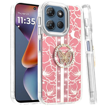 Phone Case for Motorola Moto G Play 5G 2026 Floral Butterfly Ring Stand Glitter Bling Shockproof Hybrid Luxury Fashion Protective Anti Slip Durable Grip Cover