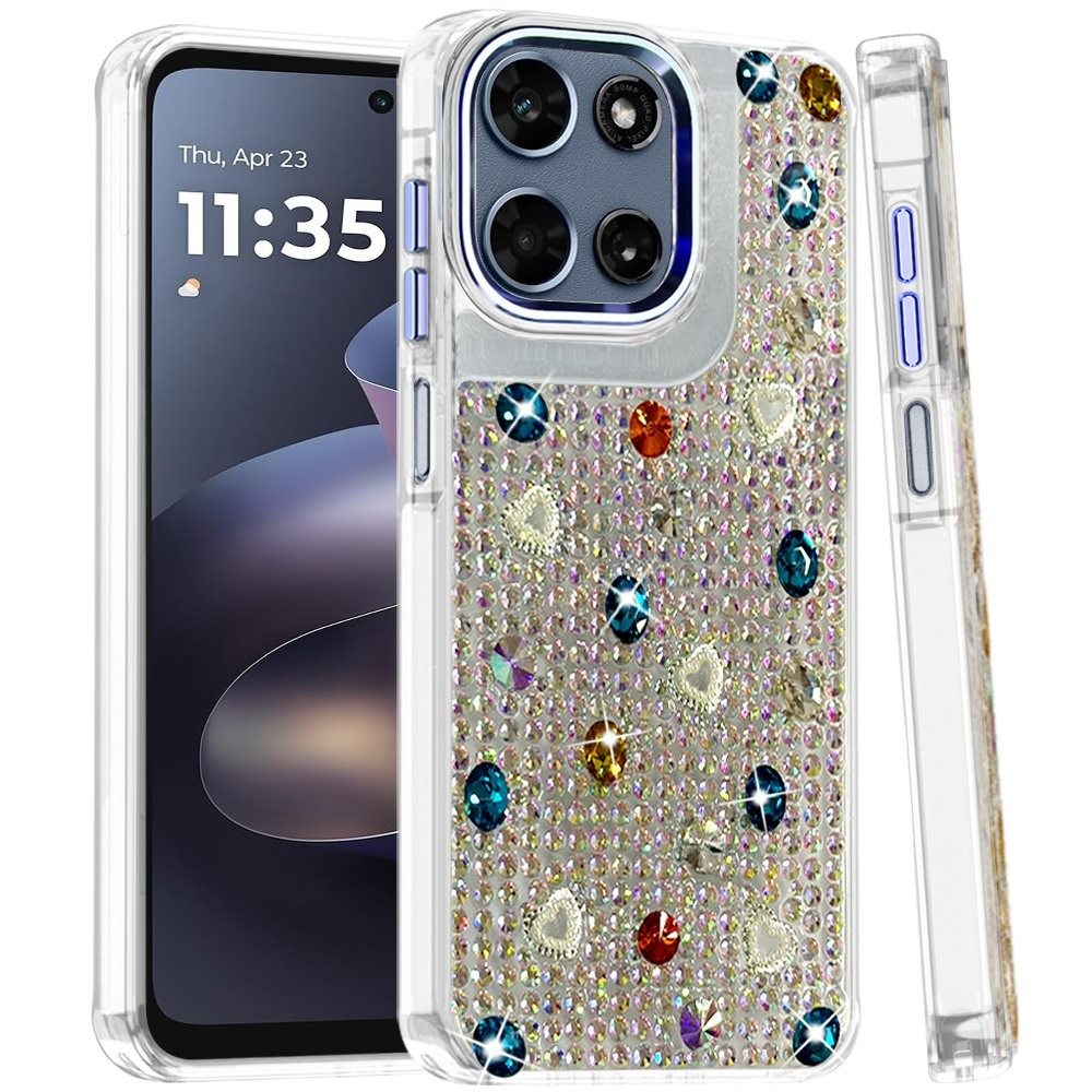 Phone Case for Motorola Moto G Play 5G 2026 Chrome Fashion Hybrid Bling Diamond Heart Rhinestone Decorative Stones Sparkling Embellished Design Cover
