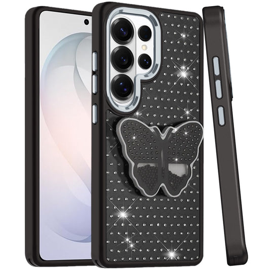 For Samsung Galaxy S26 Ultra Butterfly Moveable Grip 3D Pop Stand Full Diamond Bling Sparkling TPU Fashion Hybrid Case Cover