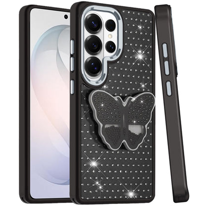 For Samsung Galaxy S26 Ultra Butterfly Moveable Grip 3D Pop Stand Full Diamond Bling Sparkling TPU Fashion Hybrid Case Cover