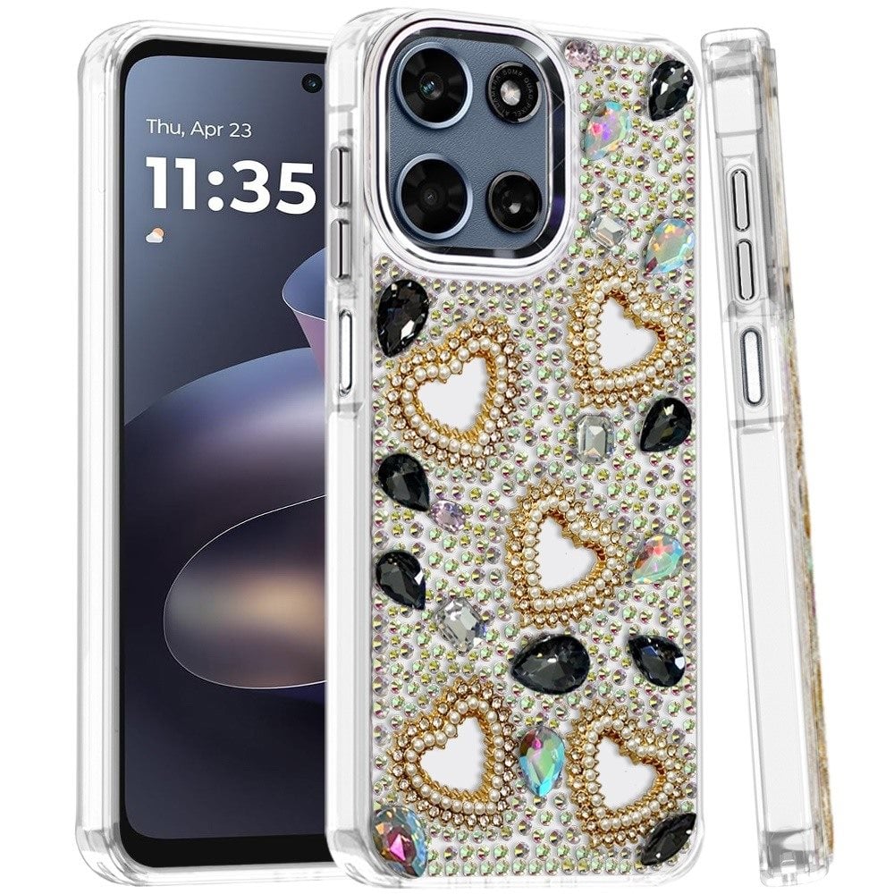 Phone Case for Motorola Moto G Play 5G 2026 Luxury Crystal Heart Rhinestone Diamond Bling Shockproof Hybrid Glitter Protective Stylish Durable Grip Cover
