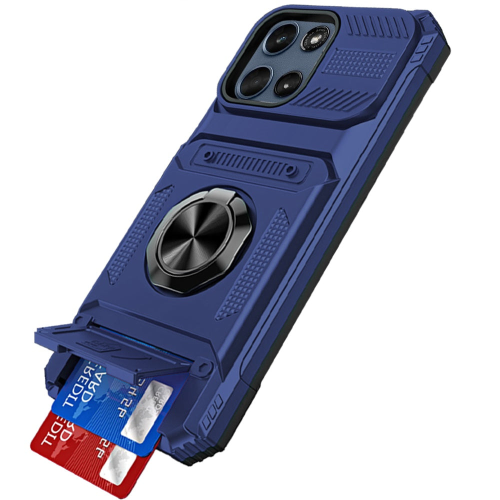 Phone Case for Motorola Moto G Play 5G 2026 Multi Functional Card Slot Shockproof Metal Ring Hybrid Wallet Rugged Protective Grip Heavy Duty Durable Cover Blue
