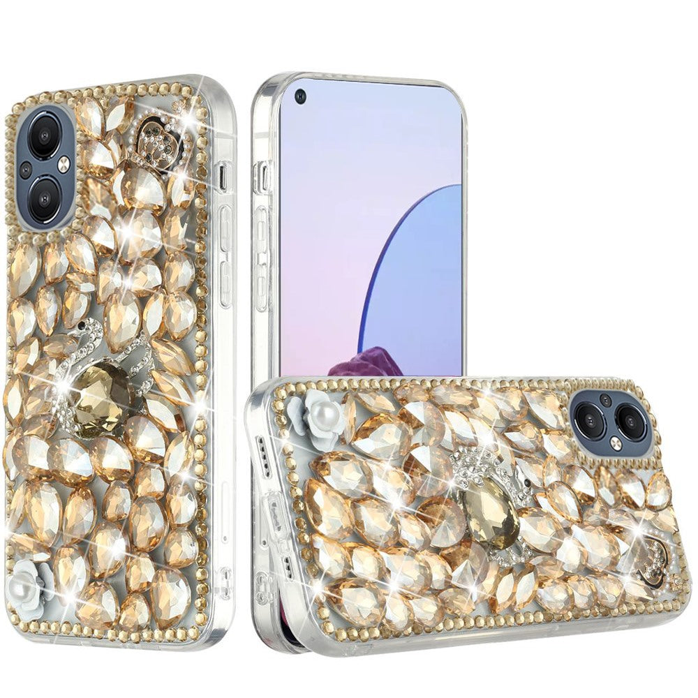 For Samsung Galaxy Z Flip 7 FE Bling Crystal 3D Full Diamonds Luxury Sparkle Rhinestone Hybrid Protective Case Cover Gold Swan Crown Pearl