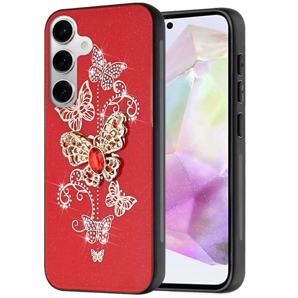 For Samsung Galaxy A36 Diamonds 3D Butterfly Bling Sparkly Glitter Ornaments Engraving Hybrid Metal Fashion Case Cover Red Garden Butterflies