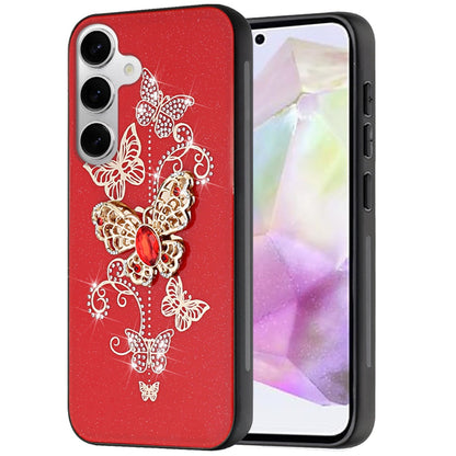 For Samsung Galaxy A36 Diamonds 3D Butterfly Bling Sparkly Glitter Ornaments Engraving Hybrid Metal Fashion Case Cover Red Garden Butterflies