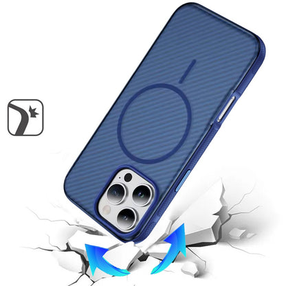 Phone Case for Apple iPhone 16 Pro Max Shockproof Magnetic Carbon Fiber Texture Metallic Button Rugged Grip Anti Fingerprint Heavy Duty Hybrid Armor Cover Blue