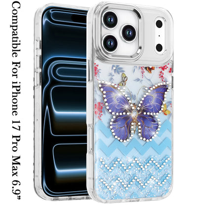 For Apple iPhone 17 Pro Max (6.9") Butterfly Resin Epoxy Diamond Design Metal Edged Hybrid Shockproof Heavy Duty Drop Protection Case Cover