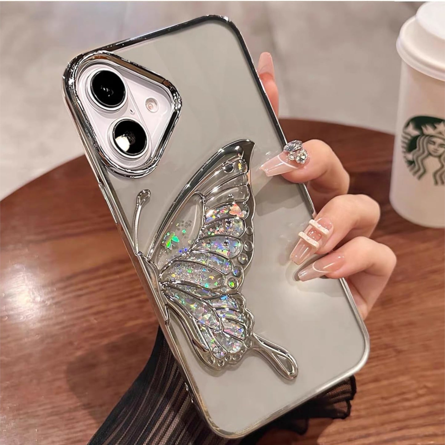 For Apple iPhone 16 Pro Max (6.9") Glitter 3D Butterfly Bling Luxury Electroplate Chrome Sparkle Liquid Flowing Plating Bumper Case Cover