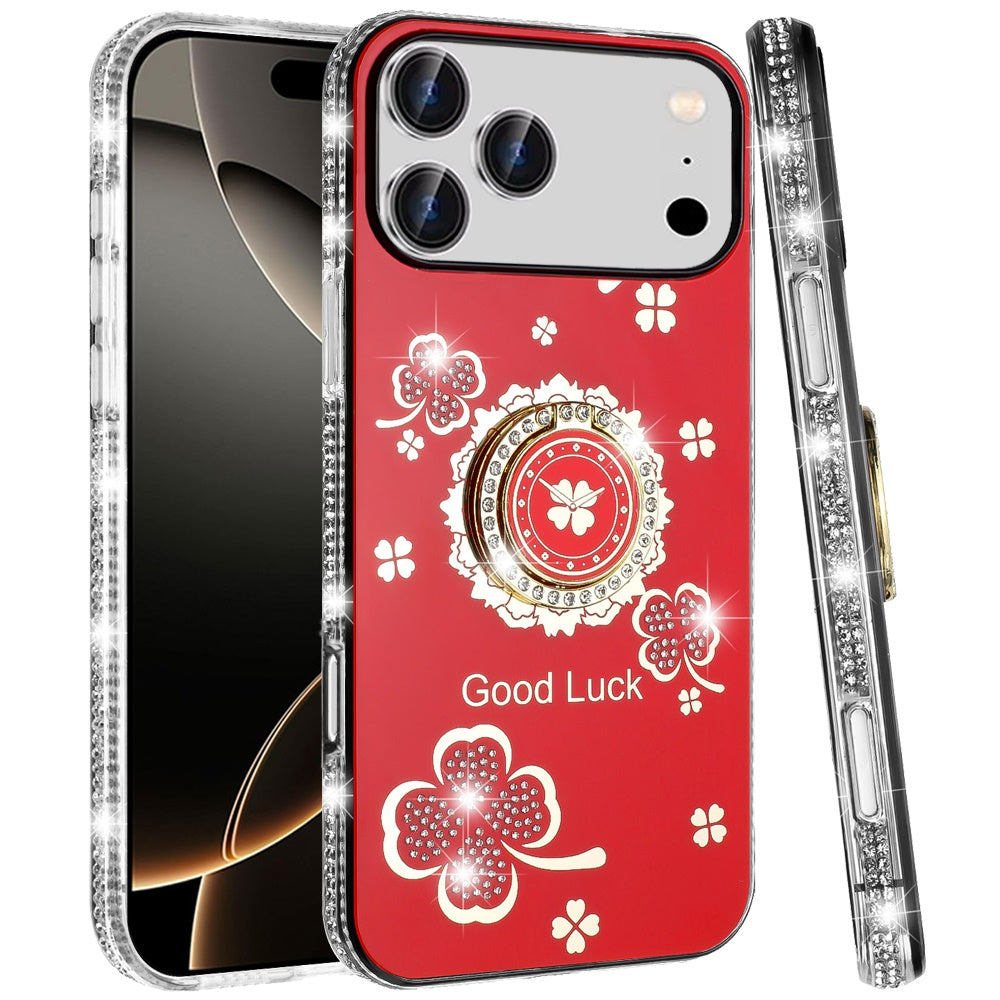 For Apple iPhone 17 Pro Max (6.9") Diamonds Bling All Around Edges Sparkly Glitter Hybrid with Ring Stand Holder Fashion Good Luck Case Cover