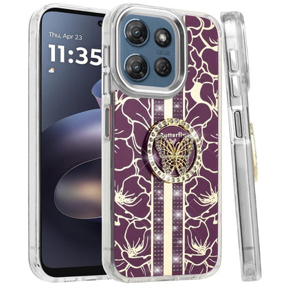 Phone Case for Motorola Moto G Play 5G 2026 Floral Butterfly Ring Stand Glitter Bling Shockproof Hybrid Luxury Fashion Protective Anti Slip Durable Grip Cover Purple