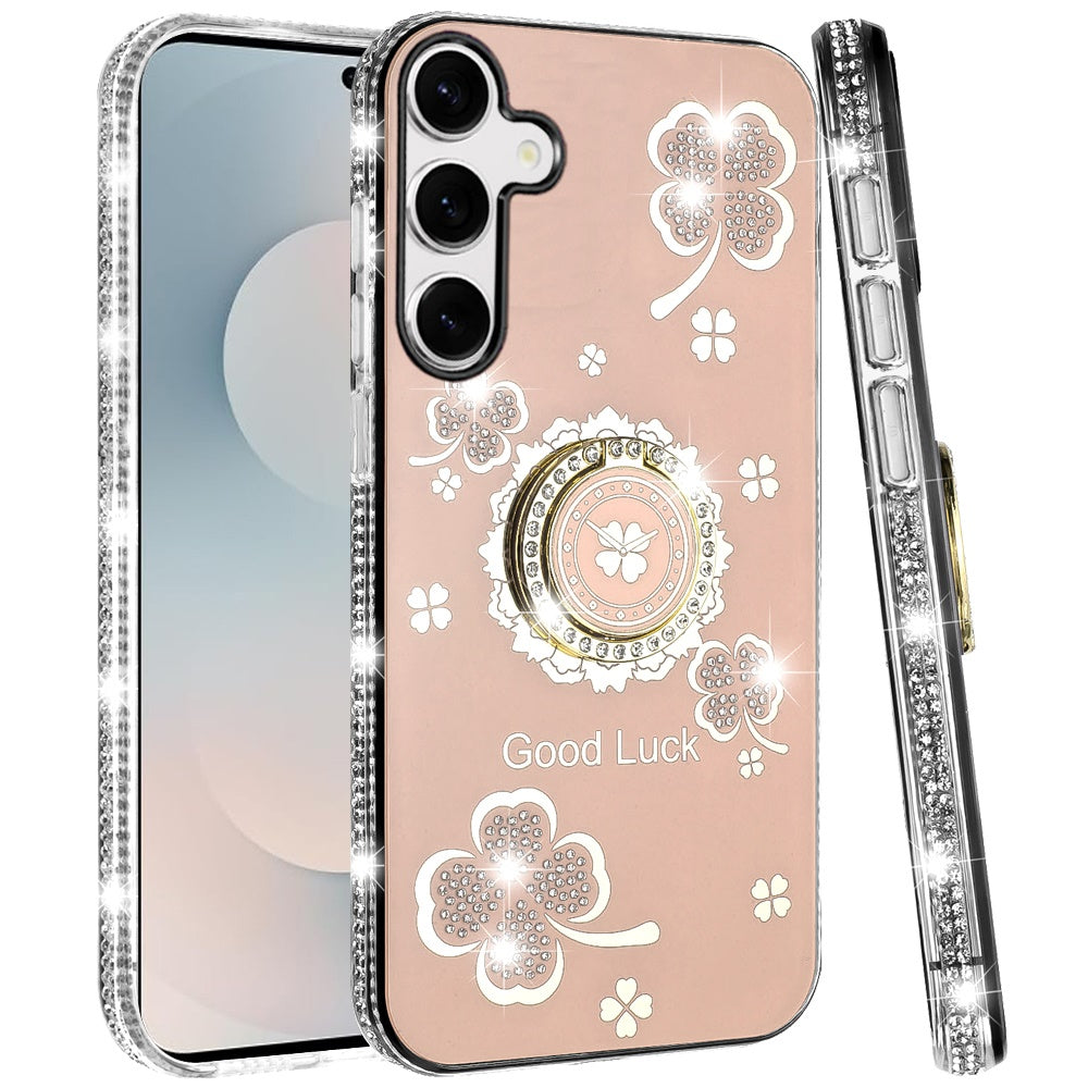For Samsung Galaxy S26+ / S26 Plus Diamonds Bling All Around Edges Sparkly Glitter Hybrid with Ring Stand Holder Fashion Good Luck Case Cover