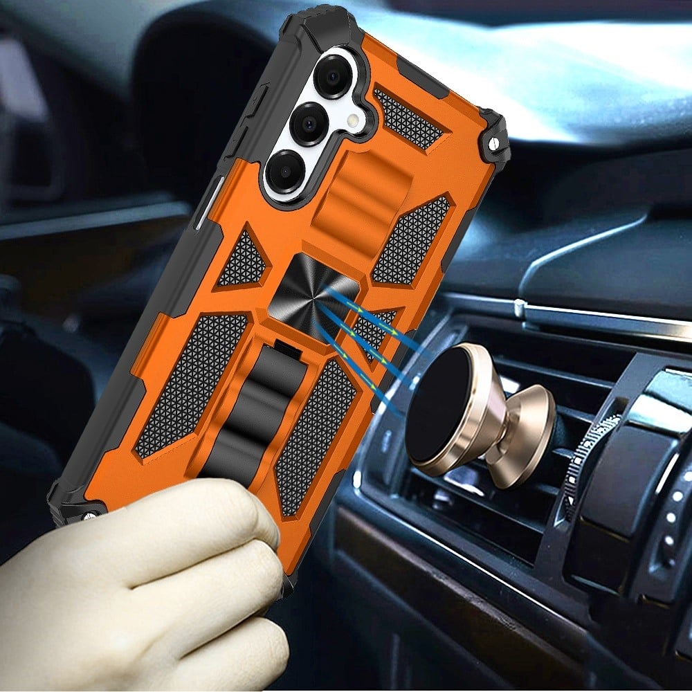 For Samsung Galaxy A16 5G Hybrid Shockproof [Military Grade] Rugged Protective with Magnetic Car Mount & Invisible Stand Case Cover Cosmic Orange