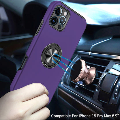 For Apple iPhone 16 (6.1") Hybrid Slim Kickstand with Metal Invisible Ring Stand Holder Fit Magnetic Car Mount Shockproof Case Cover