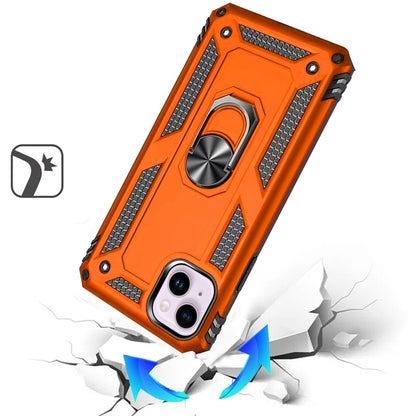 For iPhone 14/13 (6.1") Hybrid Shockproof Durable 360 Degree Rotatable Ring Stand Holder Kickstand Fit Magnetic Car Mount Case Cover Cosmic Orange