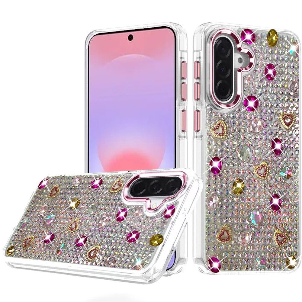 Phone Case for Samsung Galaxy A37 Chrome Fashion Hybrid Bling Diamond Heart Rhinestone Decorative Stones Sparkling Embellished Design Cover Purple