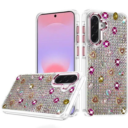 Phone Case for Samsung Galaxy A37 Chrome Fashion Hybrid Bling Diamond Heart Rhinestone Decorative Stones Sparkling Embellished Design Cover Purple