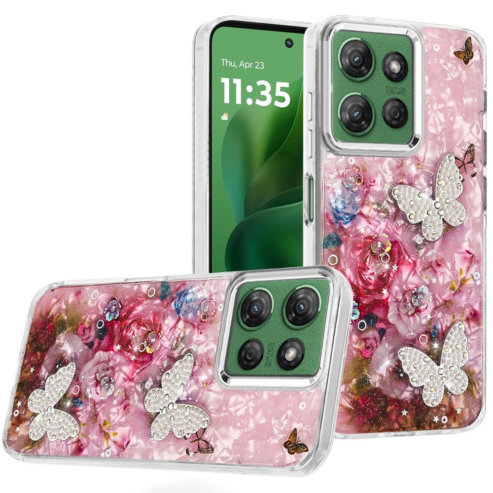 For Motorola Moto G Power 5G 2025 Epoxy Glitter Flowers Bling 3D Butterfly Fashion TPU Hybrid with Shockproof Protection Case Cover