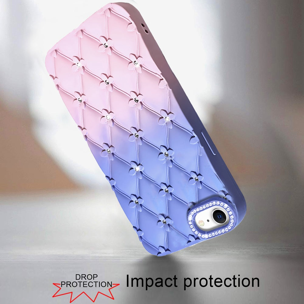 For Apple iPhone 17E /16E Fashion Flower Design Sparkle Glitter Shimmer Rhinestone Bling Floral Accents, Leather Texture TPU Case Cover