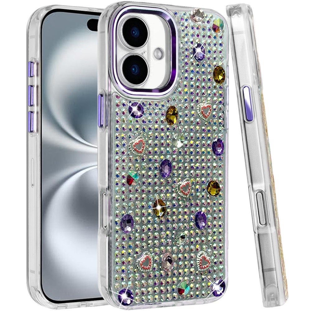 Phone Case for Apple iPhone 16 Chrome Fashion Hybrid Bling Diamond Heart Rhinestone Decorative Stones Sparkling Embellished Design Cover