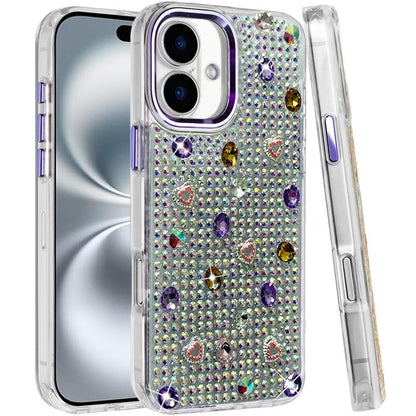 Phone Case for Apple iPhone 16 Chrome Fashion Hybrid Bling Diamond Heart Rhinestone Decorative Stones Sparkling Embellished Design Cover