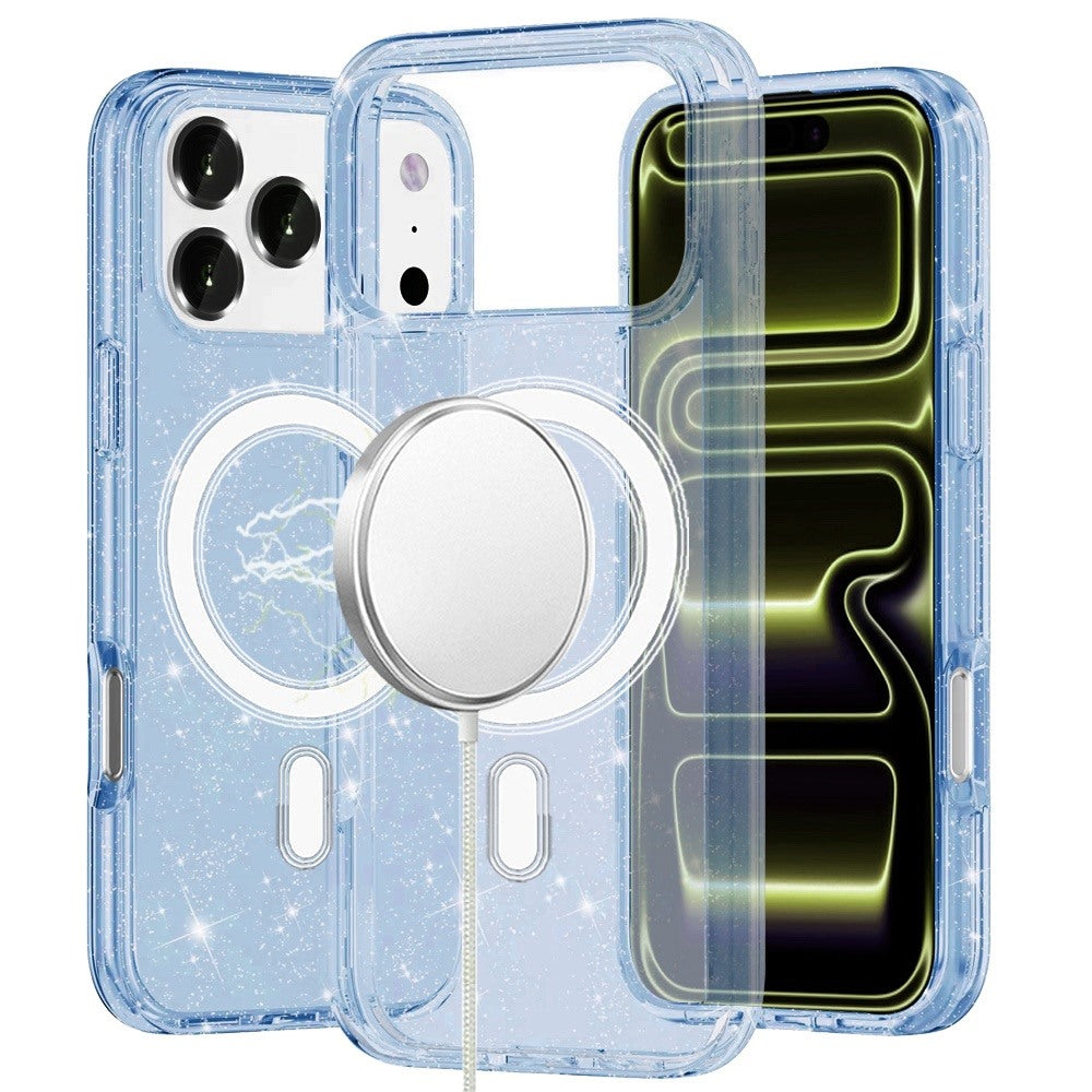 Phone Case for Apple iPhone 18 Pro Max/ 17 Pro Max Glitter Magnetic Transparent Shockproof Hybrid TPU Thick 3mm Grip Durable Camera Protection Anti-Slip Cover Blue