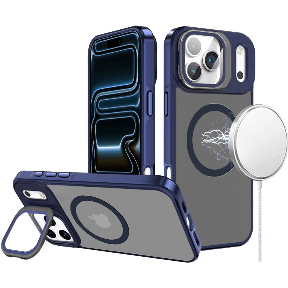 Phone Case for Apple iPhone 17 Pro Max Magnetic Circle Camera Stand Aluminum Frame Shockproof Rugged Kickstand Metallic Button Hybrid Protective Durable Grip Cover Navy Blue