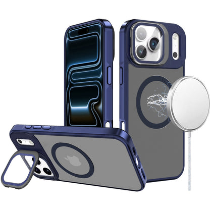 Phone Case for Apple iPhone 17 Pro Max Magnetic Circle Camera Stand Aluminum Frame Shockproof Rugged Kickstand Metallic Button Hybrid Protective Durable Grip Cover Navy Blue