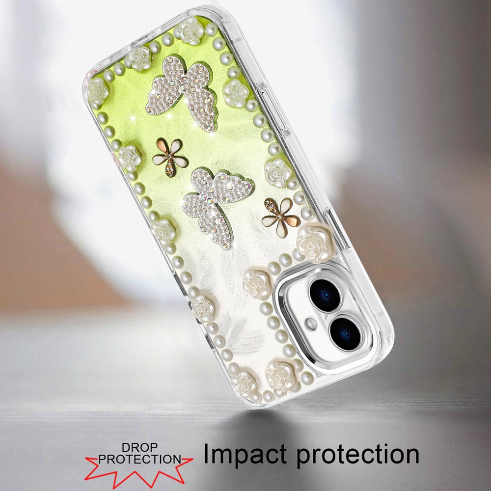 For Apple iPhone 17 (6.3") Bling Fashion Design with 3D Pearls Epoxy Glitter Ornaments Chrome Edge Hard Slim PC Case Cover