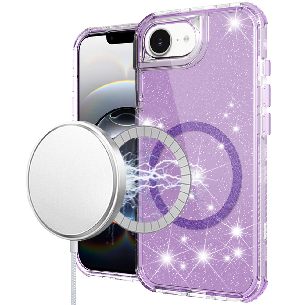 For Apple iPhone 17E /16E Magnetic Circle Compatible with Magsafe, Bling Glitter Sparkle 3-in-1 Hybrid Shockproof TPU Bumper Case Cover Purple