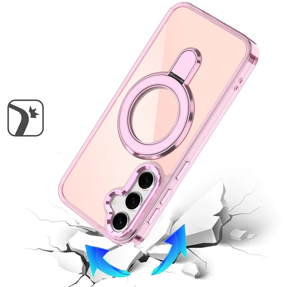 Phone Case for Samsung Galaxy S25 FE, S25 Fan Edition Chrome Magnetic Ring Stand Rotational Shockproof Hybrid Kickstand Metal Finish Rugged Drop Protection Armor Cover Light Pink