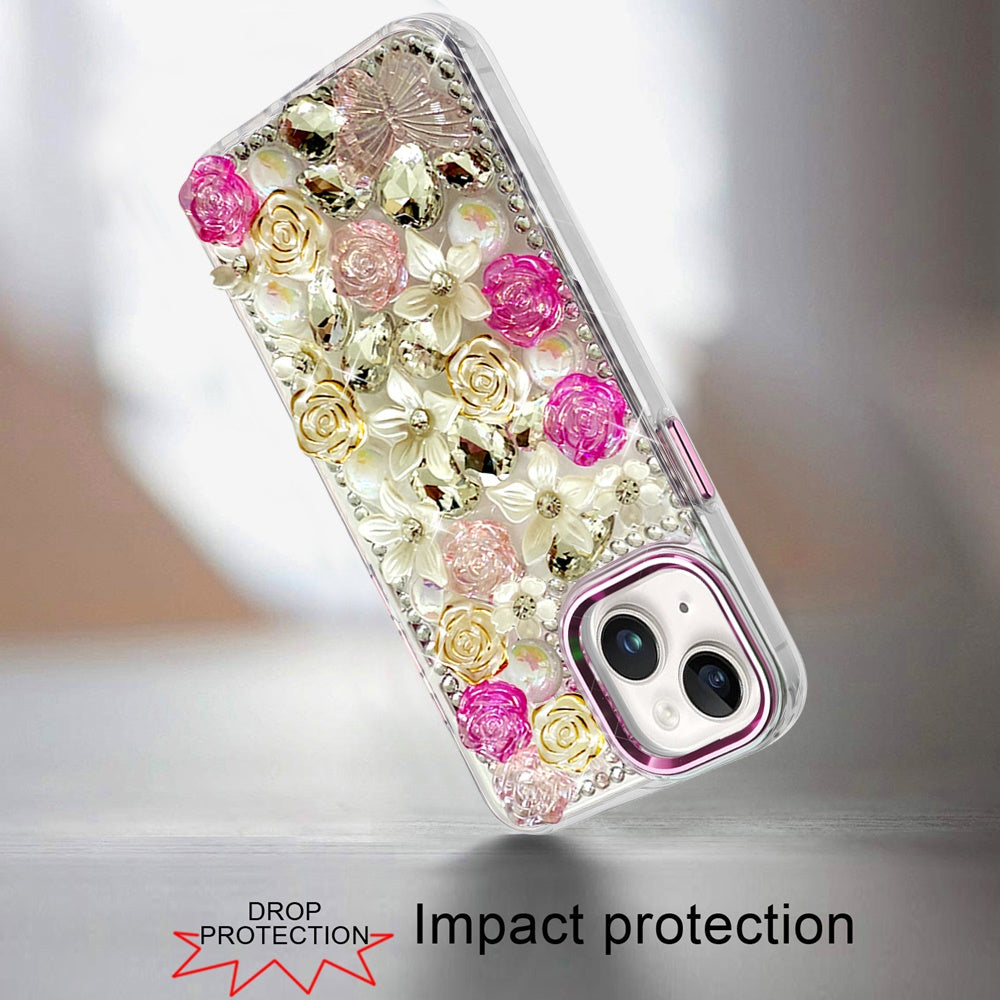 Phone Case for iPhone 14 Luxury Rose Bling Rhinestone Glitter Floral Hybrid Shockproof Stylish Protective Designer Ornament Sparkle Cover Pink