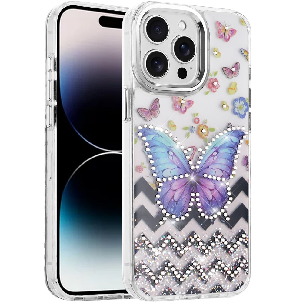 For iPhone 14 Pro Max (6.7") Butterfly Resin Epoxy Diamond Design Metal Edged Hybrid Shockproof Heavy Duty Drop Protection Case Cover