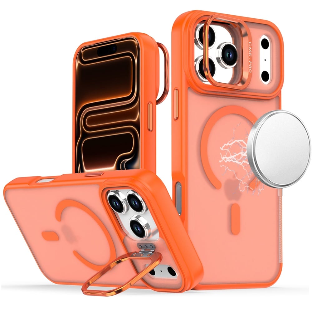 For iPhone 15 Plus (6.7") MagSafe Compatible Matte Metallic Stand TPU Hybrid Drop Protection Camera Kickstand Case Cover Cosmic Orange