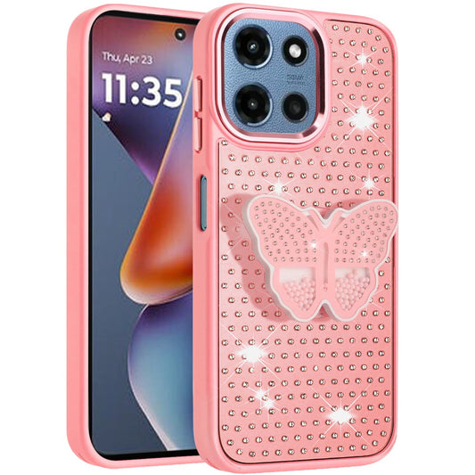 For Motorola Moto G Play 5G 2026 Butterfly Moveable Grip 3D Pop Stand Full Diamond Bling Sparkling TPU Fashion Hybrid Case Cover Pink