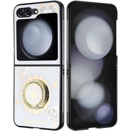 For Samsung Galaxy Z Flip 7 FE Diamonds 3D Fashion Floral Bling Sparkly Glitter Ornaments Engraving Hybrid with Ring Stand Case Cover White Good Luck Floral