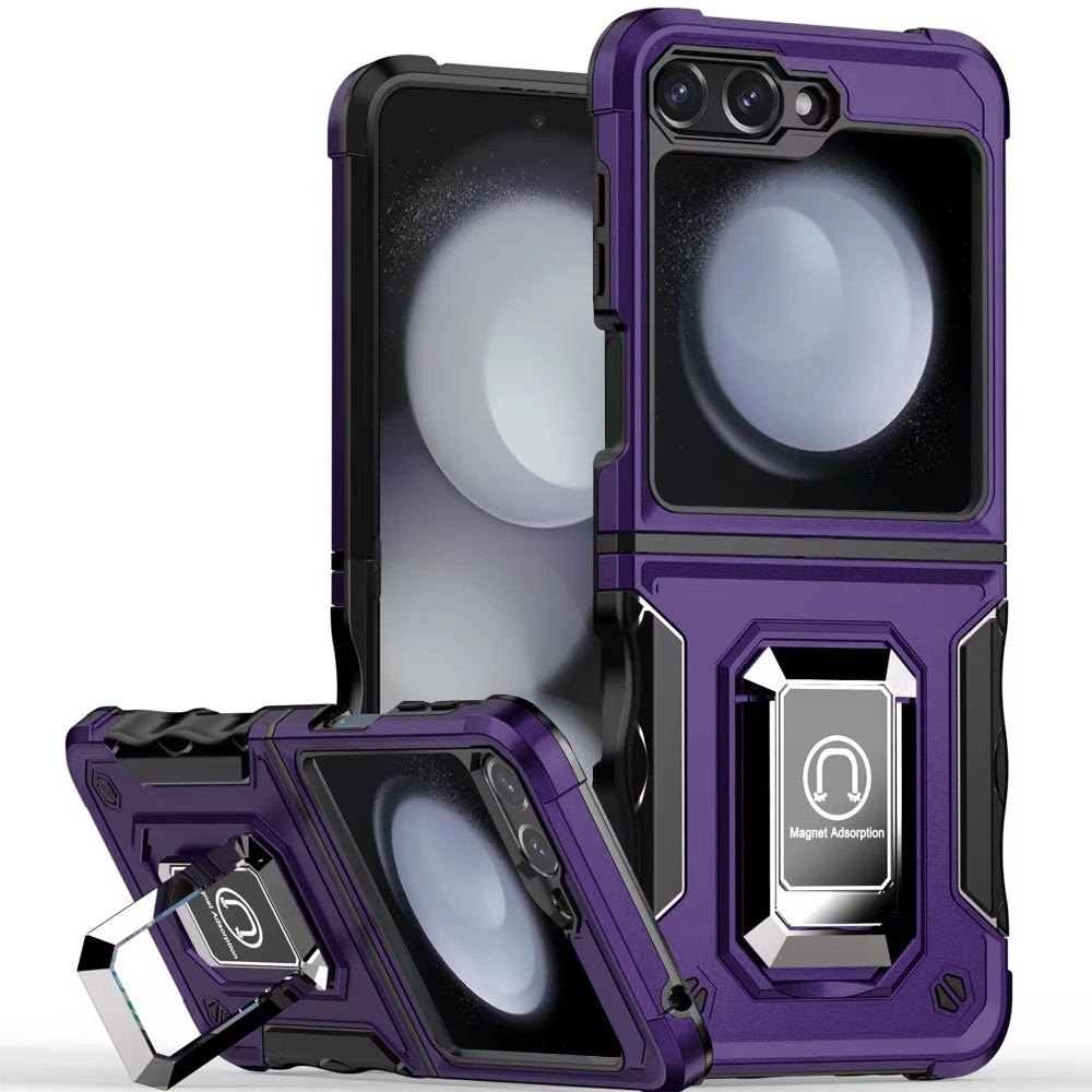 For Samsung Galaxy Z Flip 7 FE Hybrid Stand Magnetic Ring Holder Kickstand Heavy Duty Rugged Drop Silicone & Hard PC Shockproof Case Cover Purple