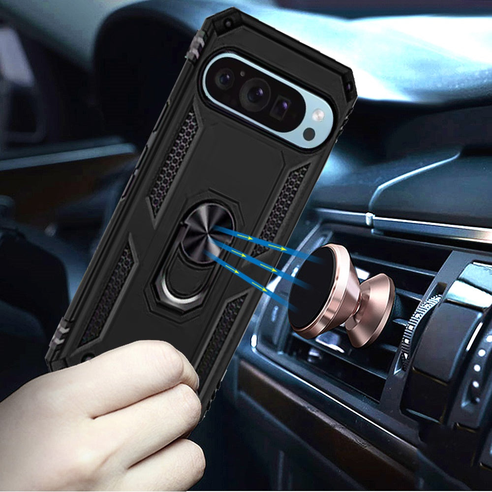 Phone Case for Google Pixel 9 Pro XL Rotatable Ring Stand Shockproof Hybrid Armor Anti Slip Heavy Duty Fit Magnetic Car Mount Durable Grip Cover Black
