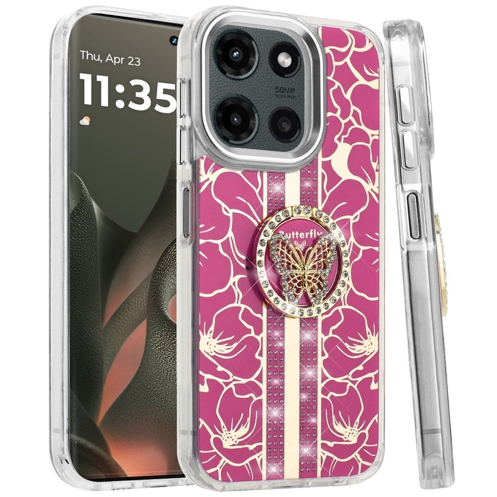 For Motorola Edge 2025 Diamonds 3D Butterfly Floral Design Bling Sparkly Glitter Hybrid Metal Fashion with Ring Stand Case Cover