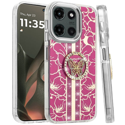 For Motorola Edge 2025 Diamonds 3D Butterfly Floral Design Bling Sparkly Glitter Hybrid Metal Fashion with Ring Stand Case Cover