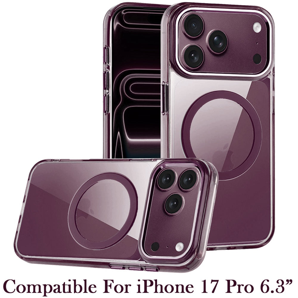 Phone Case for Apple iPhone 18 Pro/ 17 Pro Magnetic Clear Acrylic Metal Button Camera Guard Shockproof Transparent Slim Grip Premium Hybrid Cover Purple