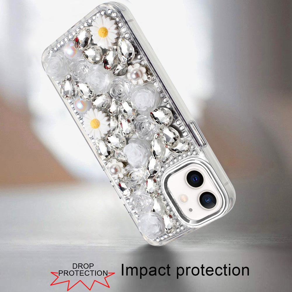 For Samsung Galaxy S25+ /S25 Plus /S24+ Plus Fashion Daisy Floral Series, Full 3D Bling Crystal Diamonds Sparkling Rhinestone Glitter Hybrid Design Case Cover