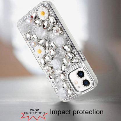 For Samsung Galaxy A36 Fashion Daisy Floral Series, Full 3D Bling Crystal Diamonds Sparkling Rhinestone Glitter Hybrid Design Case Cover Silver