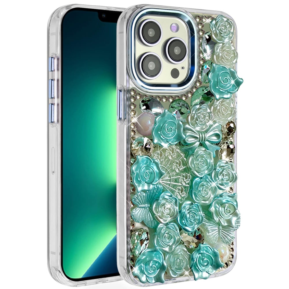 Phone Case for Apple iPhone 13 Pro Max 3D Flower Bling Rhinestone Glitter Cute Stylish Shockproof Protective Decorative Luxury Grip Stones Ornaments Cover