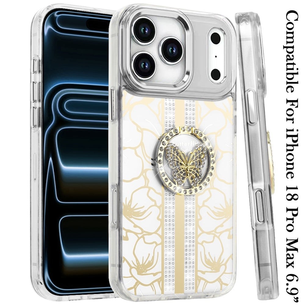 Phone Case for Apple iPhone 18 Pro Max Floral Butterfly Ring Stand Glitter Bling Shockproof Hybrid Luxury Fashion Protective Anti Slip Durable Grip Cover